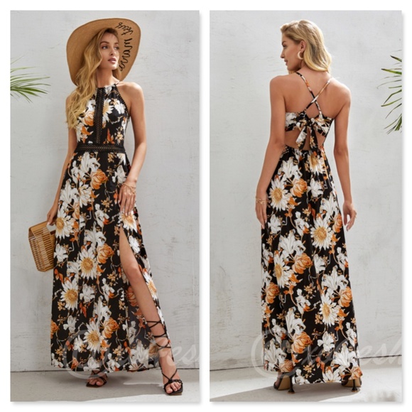 Rouge! Dresses & Skirts - Maxi Floral Dress Black Halter Neck Open Back